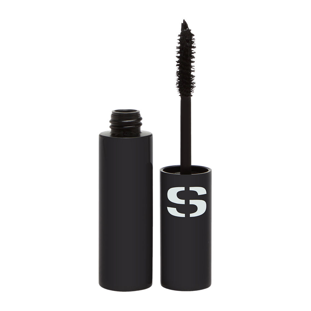 Black mascara tube with a sleek design, featuring a white "S" logo, opened to reveal a black, bristle brush applicator for curling lashes.