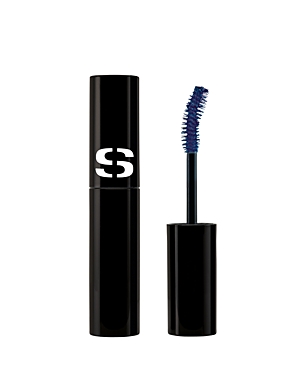 Black cylindrical mascara tube with a glossy finish, featuring a white "SS" logo, and an applicator brush with blue bristles, labeled as "Sisley So Curl Mascara #03 Deep Blue."
