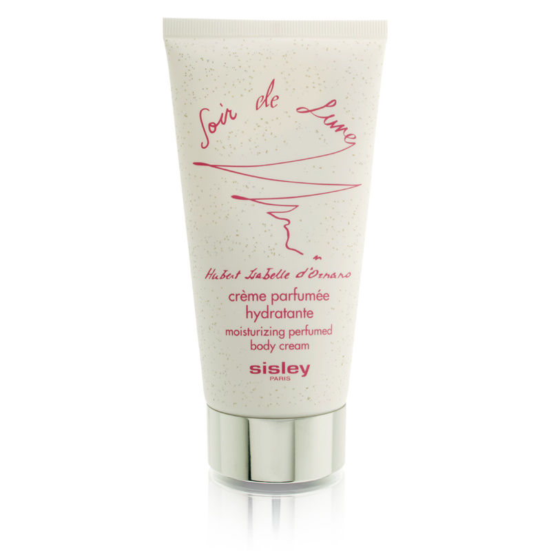 White tube with a speckled design, featuring pink script and a silver cap, labeled "Soir De Lune Moisturizing Perfumed Body Cream" by Sisley-Paris.