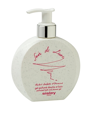 White, round bottle with a pump dispenser, featuring pink text that reads "Soir De Lune" and "Sisley Paris," speckled with small black dots, designed for women's shower gel.