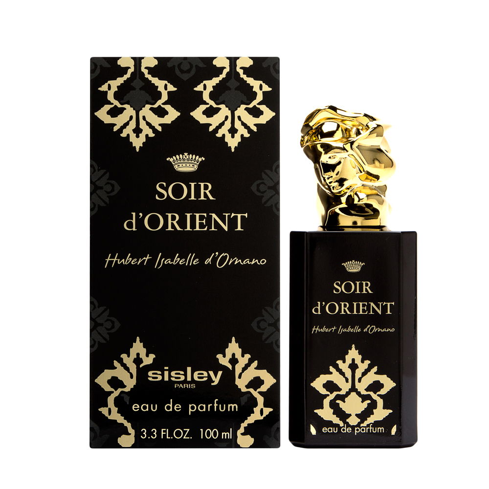 Black box with ornate gold patterns and a gold sculpted cap, containing Soir D'orient Eau de Parfum Spray, 3.3 oz, by Sisley, featuring elegant typography.