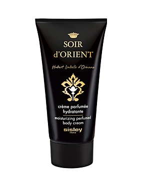 Black tube with gold accents, featuring the text "Soir d'Orient" and "Sisley" prominently, containing 150ml of moisturizing perfumed body cream.