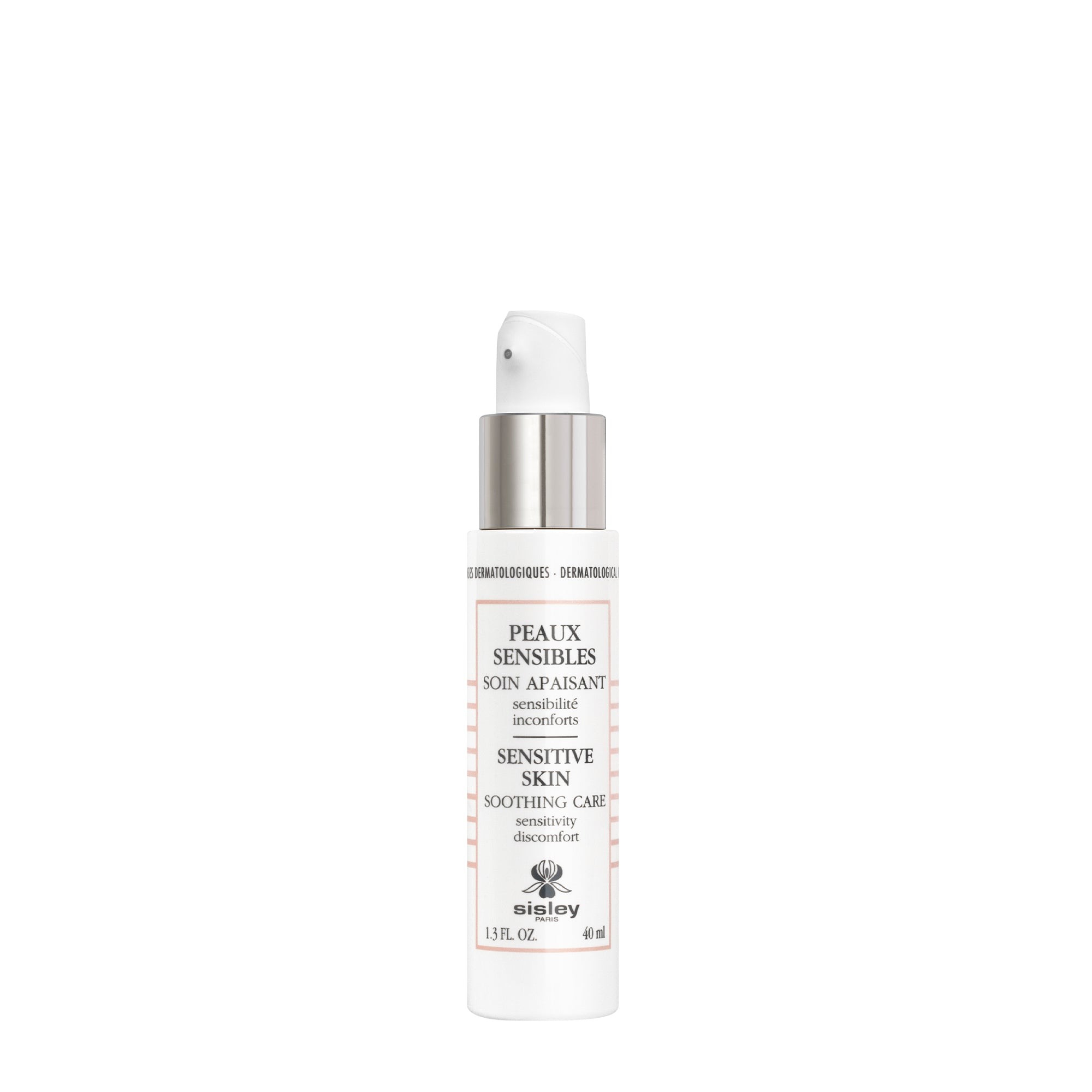 White pump bottle with pink accents, labeled "Sensitive Skin Soothing Care" by Sisley Paris, 1.3 oz, featuring a sleek design and a nozzle for easy dispensing.