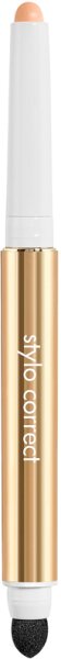 A sleek, gold and white correction pen with a peach tip and a blending sponge at the opposite end, labeled "Stylo Correct" in elegant script.