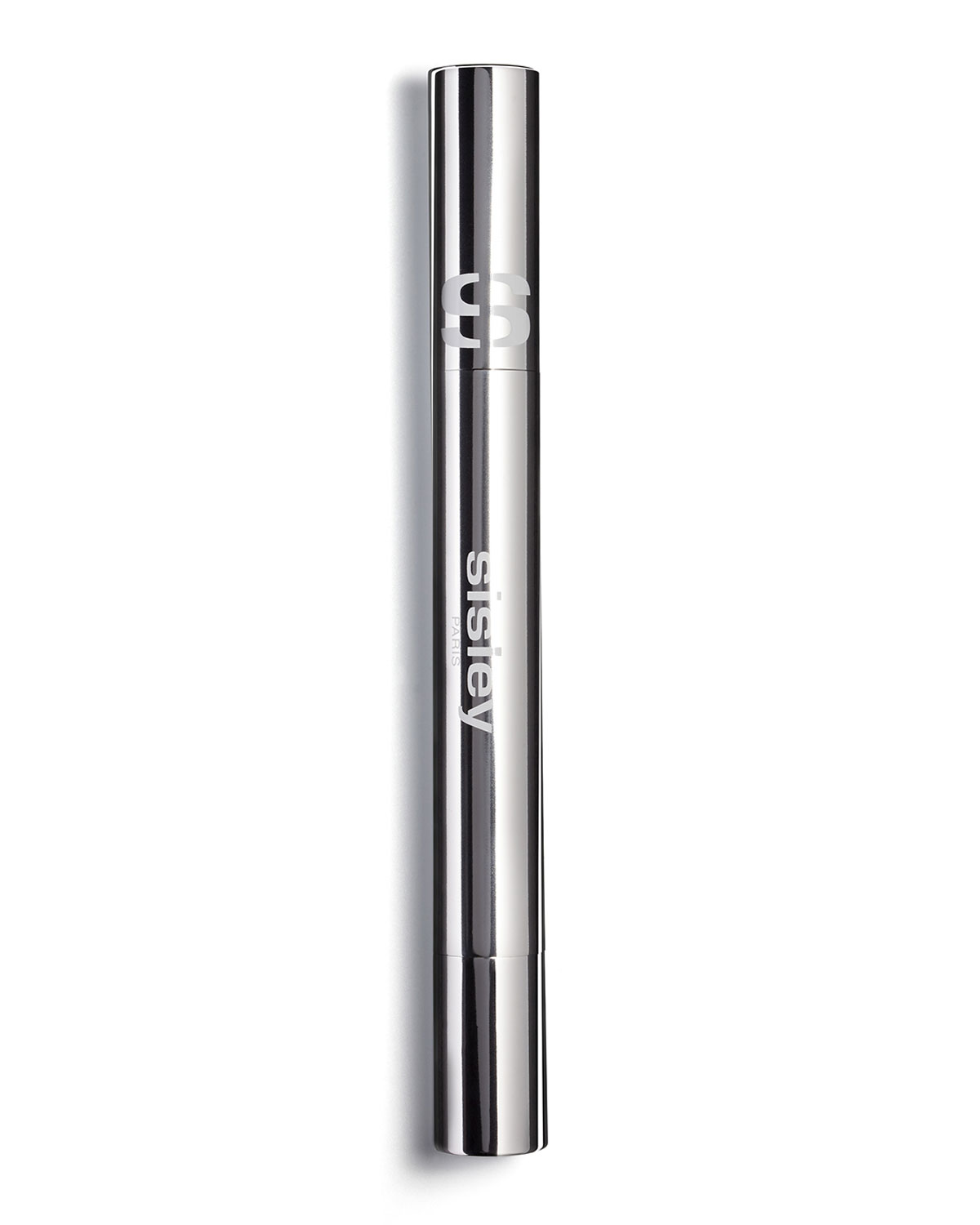 Sleek silver tube of "Stylo Lumiere, Spice Gold" by Sisley, featuring a minimalist design with the brand logo and a twist mechanism for easy application.