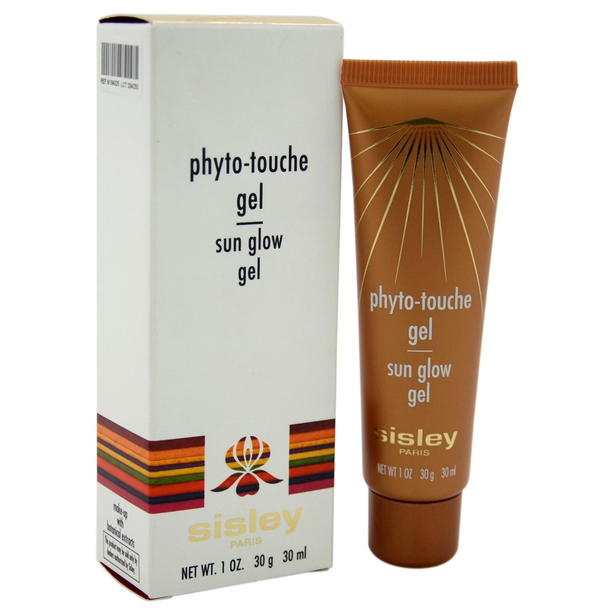 Sisley Phyto-Touche Sun Glow Gel in a 30ml brown tube with gold sunburst design, packaged in a white box featuring colorful stripes and the Sisley logo.