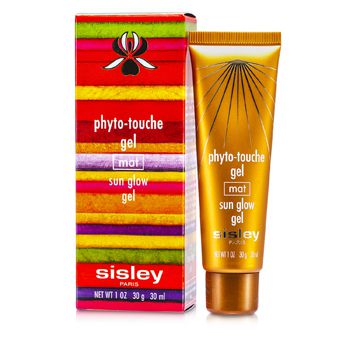 Golden tube of Sisley Phyto-Touche Sun Glow Gel with a colorful striped box, featuring bold colors and the brand name "Sisley" prominently displayed.
