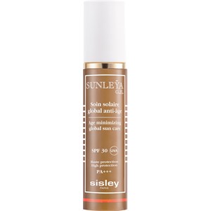 Golden-brown tube with a white pump cap, labeled "Sunleya G.E. Age Minimizing Global Sun Care SPF 30+ UVA," featuring elegant typography and a sleek design for women.