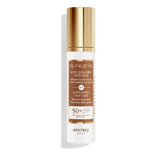 White bottle with a gold pump and cap, featuring "SUNLEYA" in bold letters, labeled as "Anti-Aging Sun Care SPF 50" with a 50ml capacity, set against a plain background.