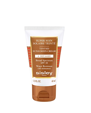 White tube with a gold and brown label, featuring "Sisley" branding, product name, and "4 Deep Amber" shade; contains 40ml of tinted sunscreen with SPF 30.