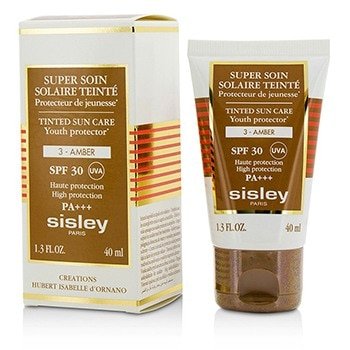 Tinted sun care tube in a beige and brown design, featuring SPF 30, labeled "Super Soin Solaire Tinted Sun Care," with a matching box displaying red and gold accents.