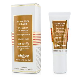 White tube with a gold and red design, labeled "Sisley Super Soin Solaire Youth Protector for Face SPF 50+" in English and French, containing 40ml of sunscreen.