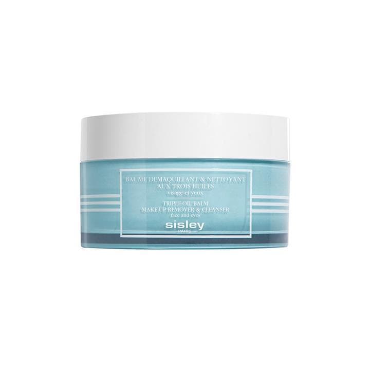 Light blue jar with a white lid, labeled "Sisley by Sisley Triple-Oil Balm Make-up Remover & Cleanser" in white text, designed for face and eyes, 125g/4.4oz.