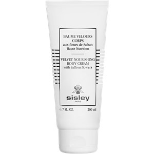 White tube of Sisley-Paris Velvet Nourishing Body Cream, featuring black text and a logo, with a capacity of 6.7 oz, highlighting saffron flowers as a key ingredient.
