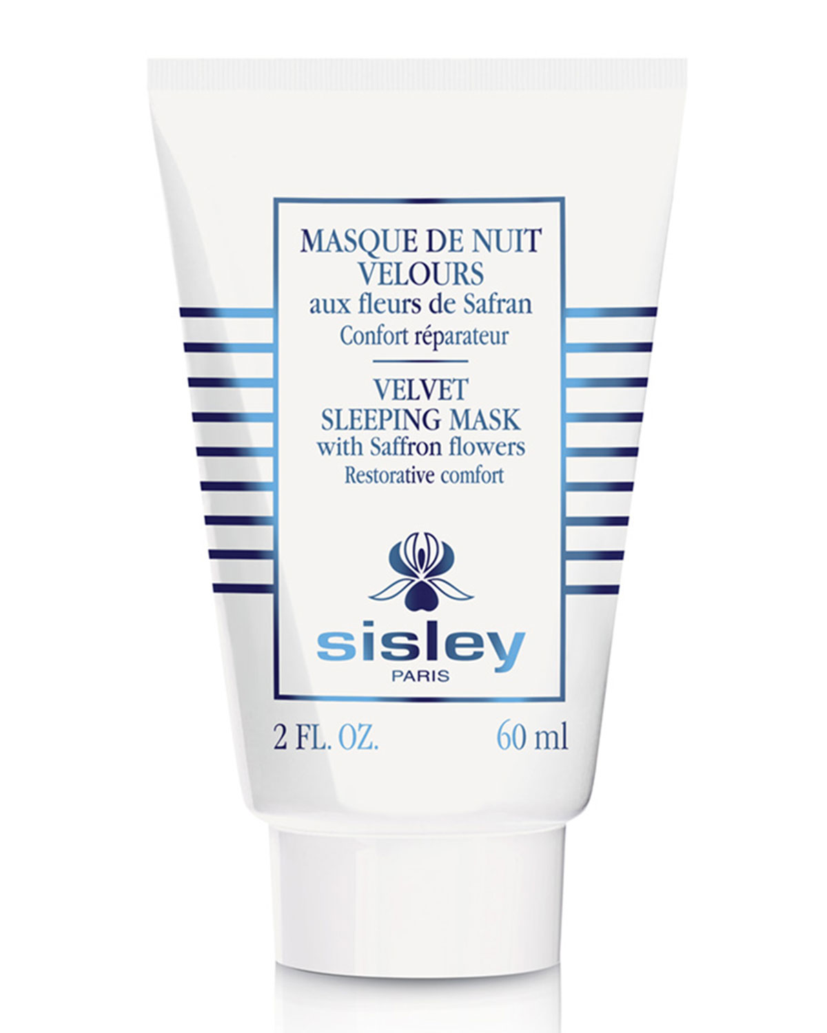 White tube with blue stripes, labeled "Velvet Sleeping Mask with Saffron Flowers," featuring the Sisley-Paris logo and a 60 ml capacity, emphasizing restorative comfort.