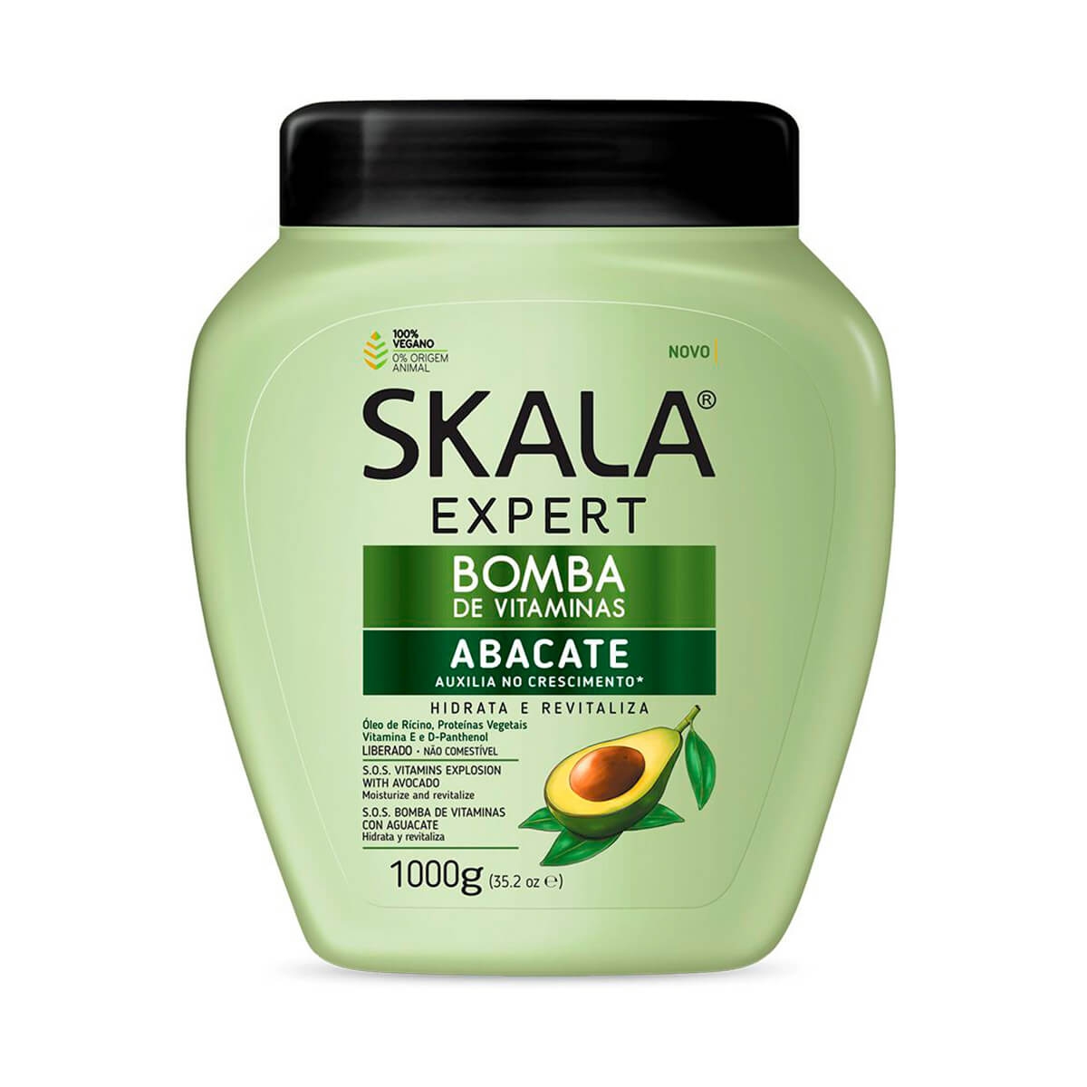 Green plastic jar of Skala Brasil Abacate Hair Treatment Cream, featuring an avocado graphic, labeled for hydration and shine, with a capacity of 1000g.