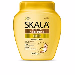 Yellow plastic jar with a gold label, featuring "Skala" and "Karité" text, containing 1000g of shea butter treatment for deep moisturizing.