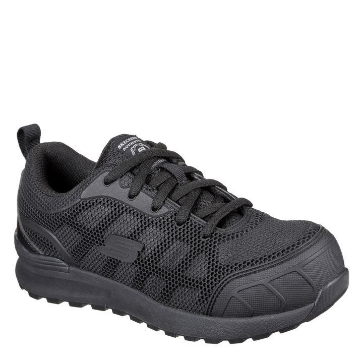 Black Skechers Bulklin Ayak safety shoes featuring a breathable mesh upper, sturdy rubber sole, and reinforced toe for enhanced protection and comfort.