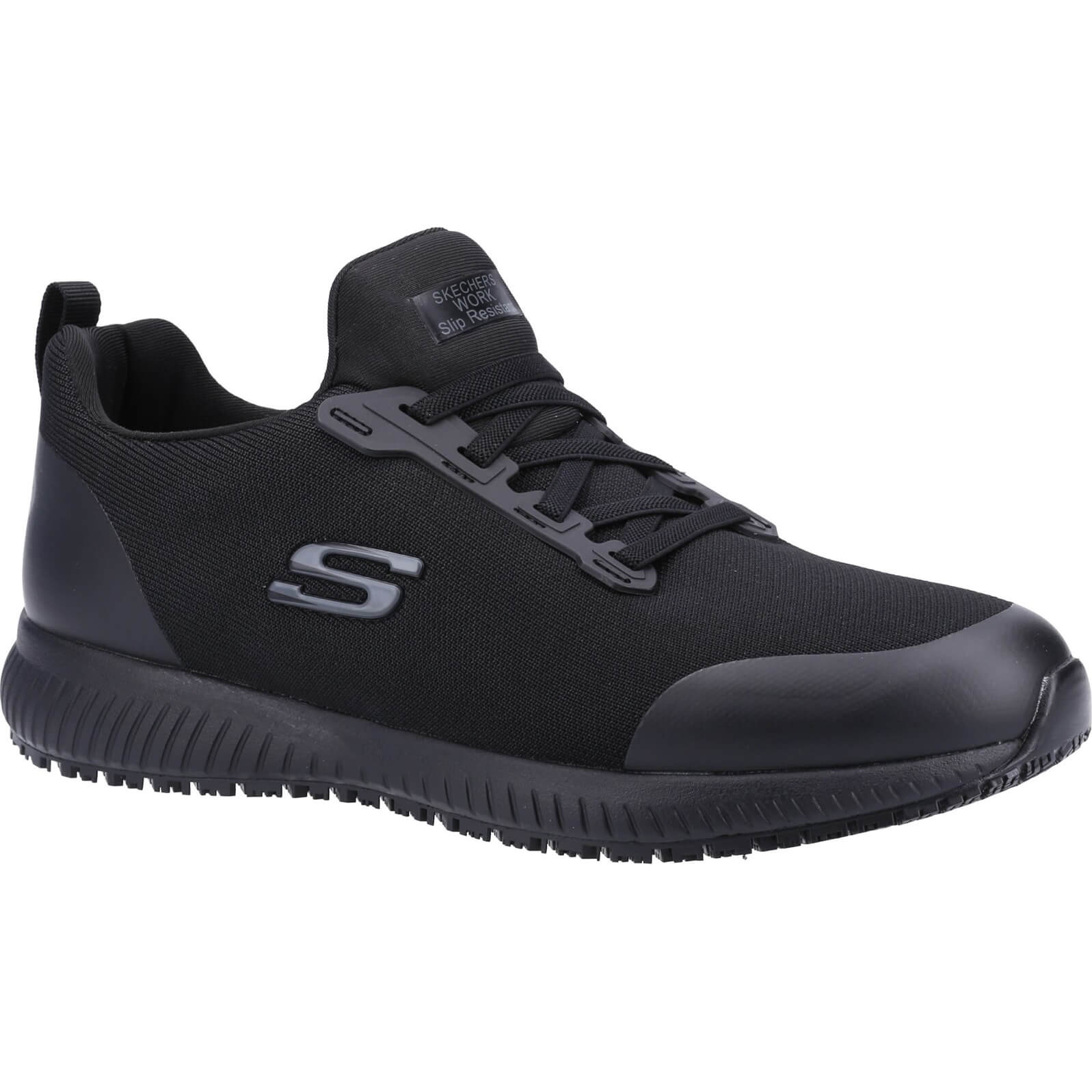 Black Skechers Squad Myton work shoes featuring a slip-resistant sole, breathable mesh upper, and lace-up design, available in size 6.
