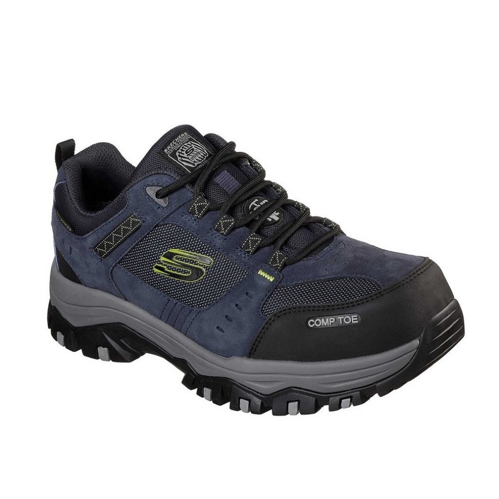 Navy Skechers Men Greetah Safety Hiker features a composite toe, durable suede and mesh upper, lace-up design, and rugged black outsole, available in size 12.