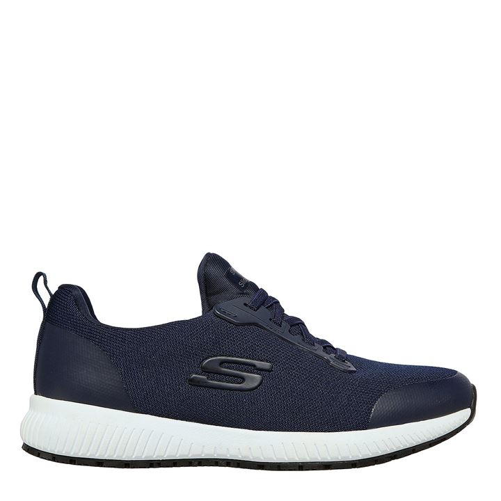 Navy blue Skechers Work Ladies Squad Shoe in size 5, featuring a breathable mesh upper, lace-up design, and a white cushioned sole for comfort.