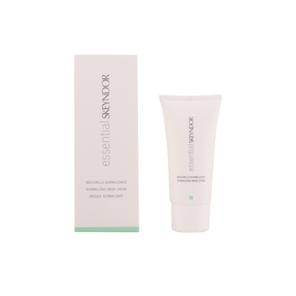 SKEYNDOR Essential Normalising Mask Cream in a white tube with a green accent, placed beside a matching box featuring the brand name and product details, designed for greasy and mixed skin.