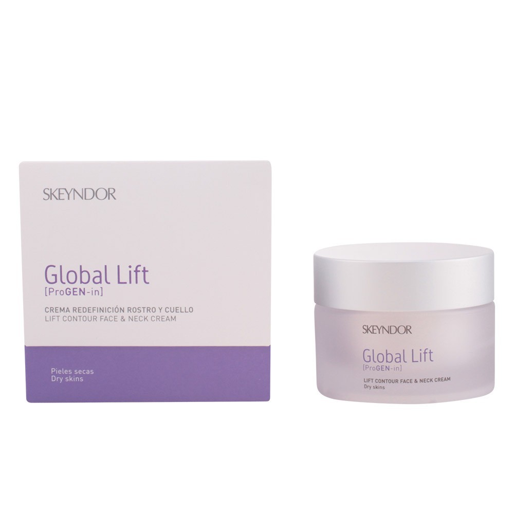 Skeyndor Global Lift face and neck cream in a 50ml frosted glass jar with a lavender lid, accompanied by a matching purple and white box labeled "Global Lift."