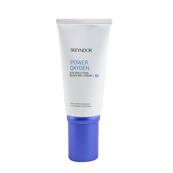 White tube with a blue cap, labeled "Power Oxygen City Pollution Block Gel-Cream + O2," designed for combination to oily skin, 50ml size, by Skeyndor.