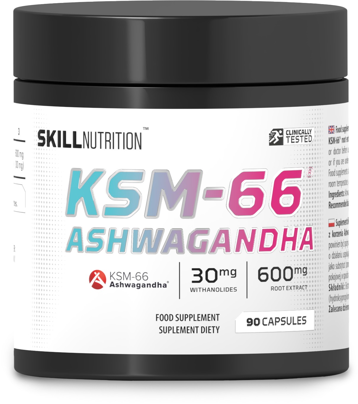 Black container with a white label featuring "Skill Nutrition KSM-66 Ashwagandha" in bold, colorful text, detailing 90 vegan capsules and key supplement information.