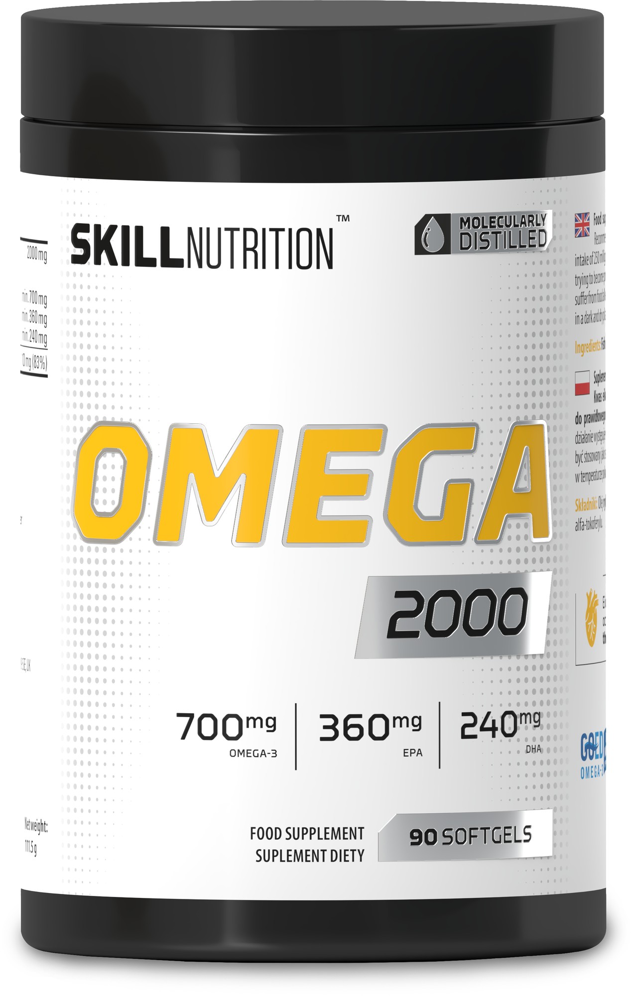 Black container with a white label featuring bold yellow text reading "OMEGA 2000," listing 700mg Omega-3, 360mg EPA, and 240mg DHA; contains 90 softgels.