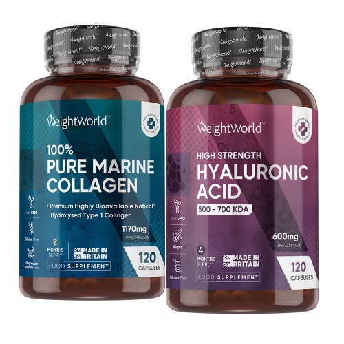 Two brown bottles of capsules, one labeled "100% Pure Marine Collagen" in blue, the other "High Strength Hyaluronic Acid" in purple, both featuring the WeightWorld logo and 120 capsules each.