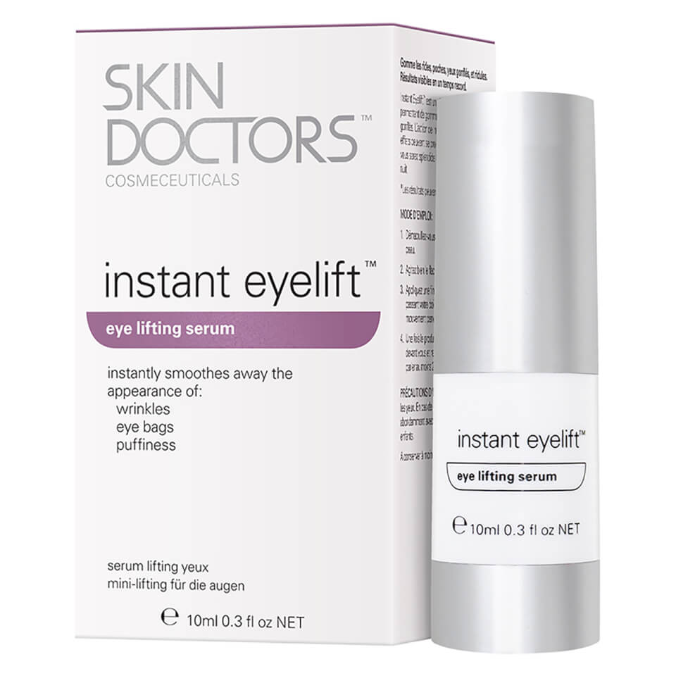 White and silver cylindrical bottle with a pump dispenser, labeled "Instant Eyelift" and "Eye Lifting Serum," showcasing a sleek design for reducing wrinkles and puffiness.