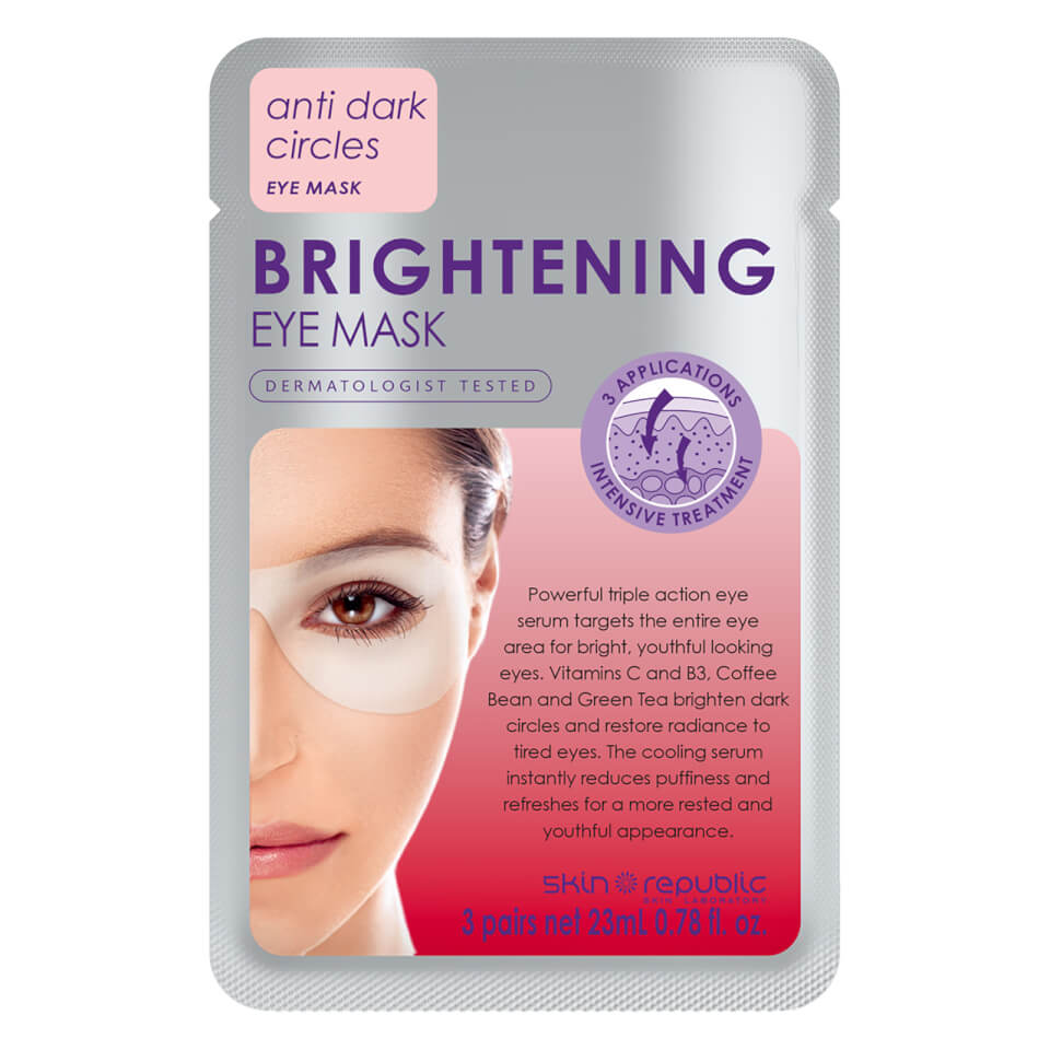 Brightening Eye Mask packaging features a sleek silver pouch with a model's eye, highlighting the product's anti-dark circle benefits and key ingredients like coffee bean and vitamins C and B3.