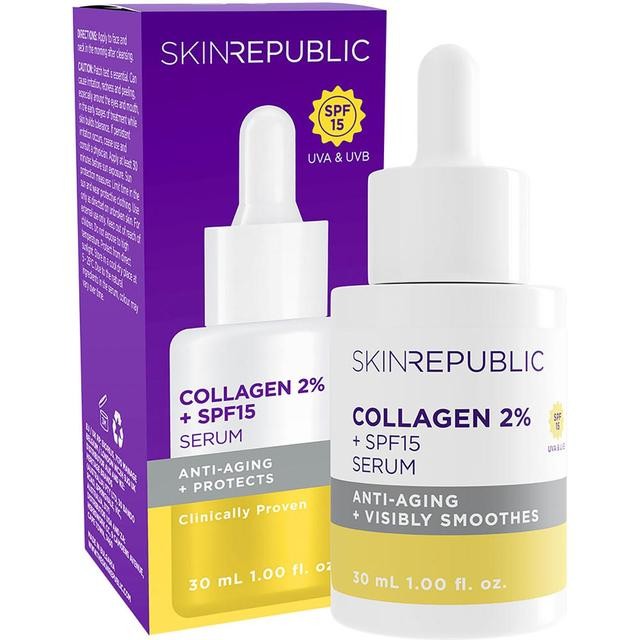 Collagen Serum 2% in a white dropper bottle with a purple and white box, featuring SPF 15, highlighting anti-aging and smoothing benefits.