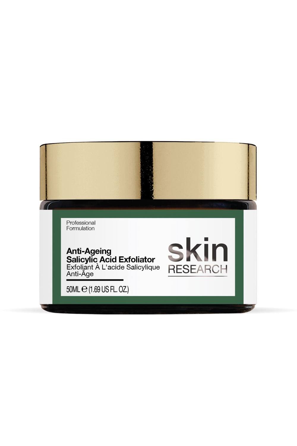 White jar with a gold lid, labeled "Skin Research Anti-Aging Salicylic Acid Exfoliator," containing 50ml of product, featuring a green and white design.