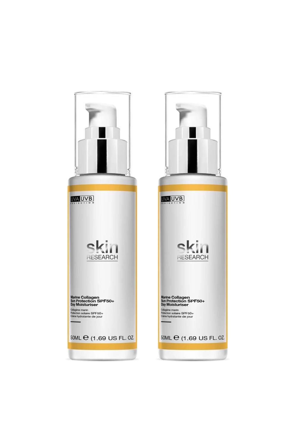 Two white bottles of Skin Research Women's Anti-Ageing Sun Protection SPF 50 Day Moisturiser, each 50ml, featuring a pump dispenser and sleek design, packaged as a duo pack.