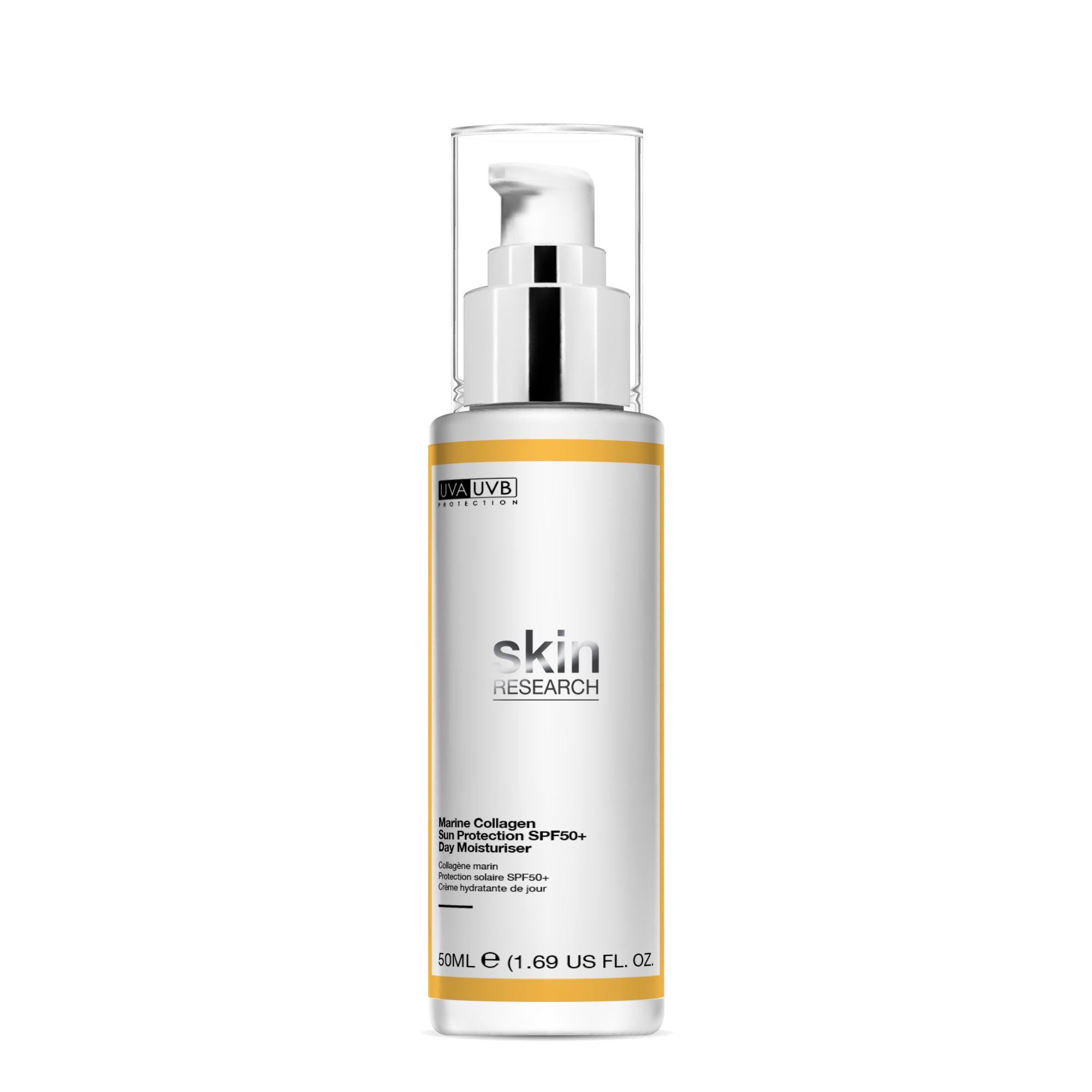White pump bottle of Skin Research Women's Anti-Ageing Sun Protection SPF 50 Day Moisturiser, featuring a sleek design and yellow accents, labeled with key product details.