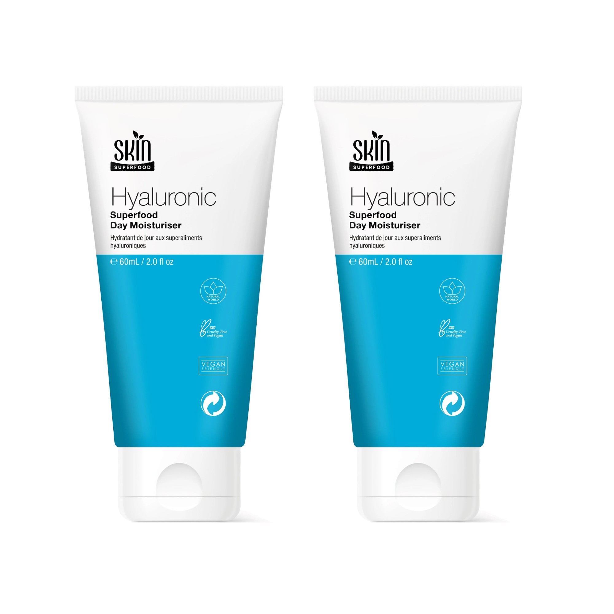 White tube of Skin Superfood Hyaluronic Superfood Day Moisturiser, 60ml, featuring a turquoise label with vegan and cruelty-free symbols.