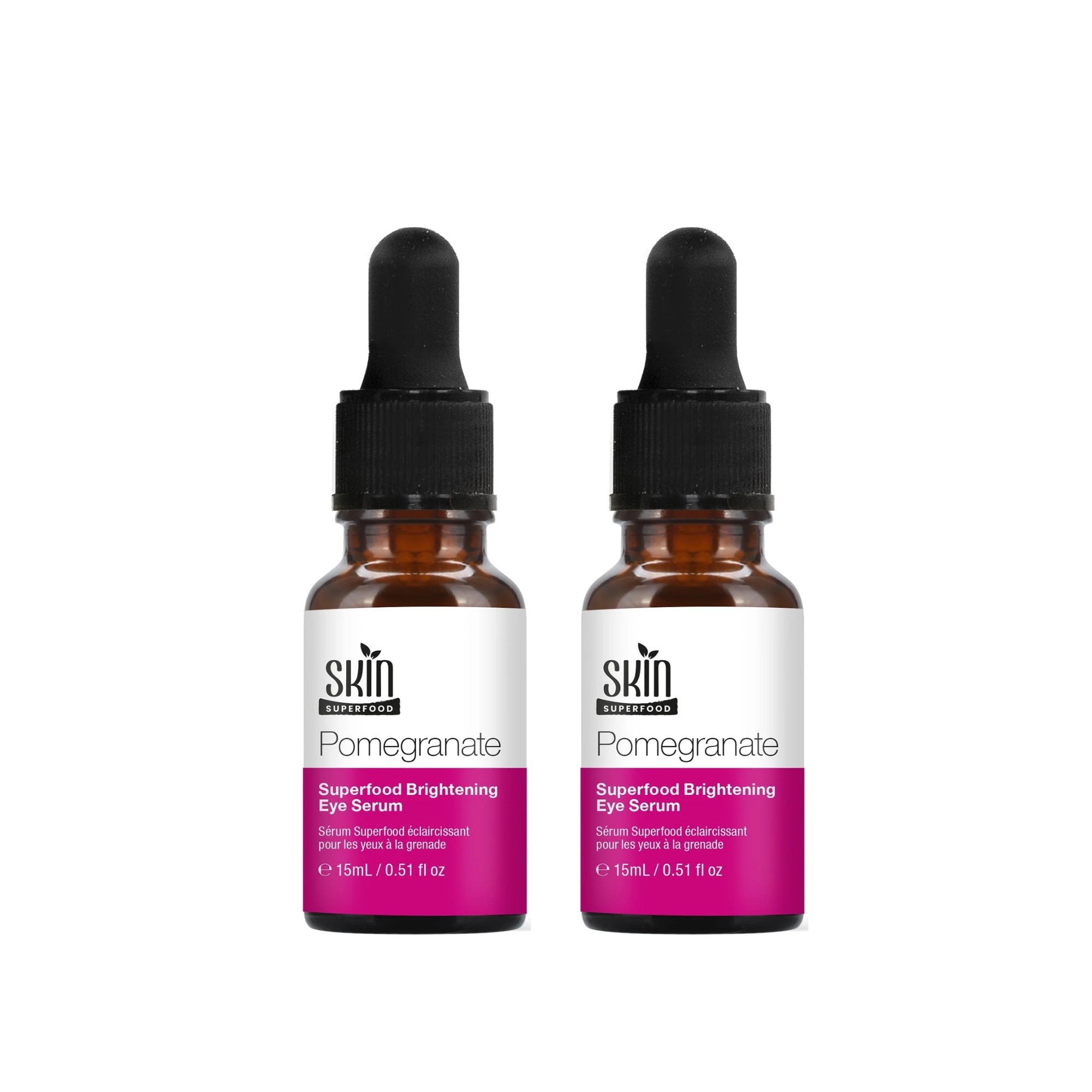 Brown glass dropper bottle of Skin Superfood Pomegranate Superfood Brightening Eye Serum, featuring a black dropper lid and a pink and white label, 15ml size.
