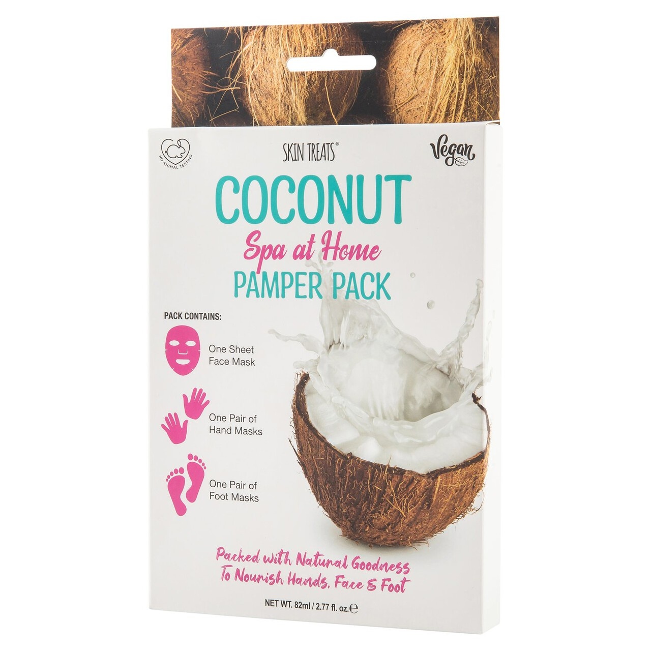 Coconut Spa at Home Pamper Pack by Skin Treats features a white box with pink text, showcasing a coconut half filled with cream and icons for face, hand, and foot masks.