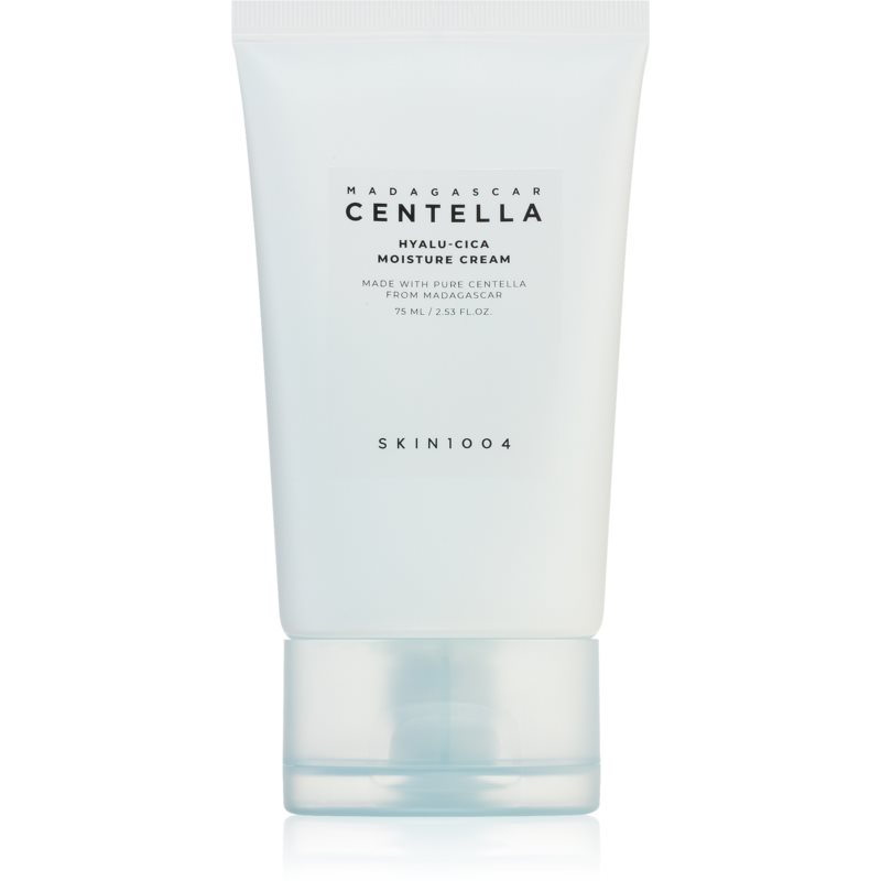 Light blue tube of Skin1004 Madagascar Centella Hyalu-Cica Moisture Cream, featuring a white cap and clear base, labeled with product details in elegant typography.