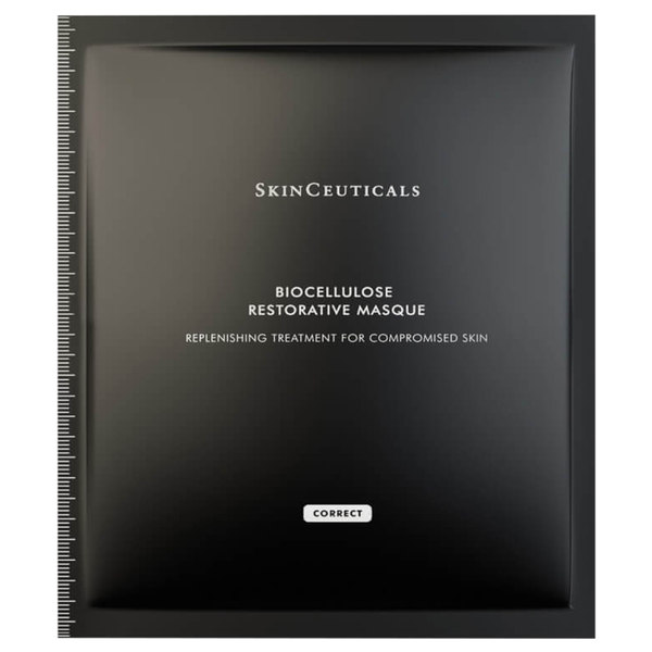 Black packaging featuring "SkinCeuticals Biocellulose Restorative Masque" in white text, highlighting its purpose as a replenishing treatment for compromised skin.