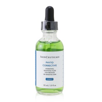 Clear glass bottle with a green liquid, featuring a black dropper cap, labeled "SkinCeuticals Phyto Corrective" in blue and white, designed for irritated or sensitive skin.