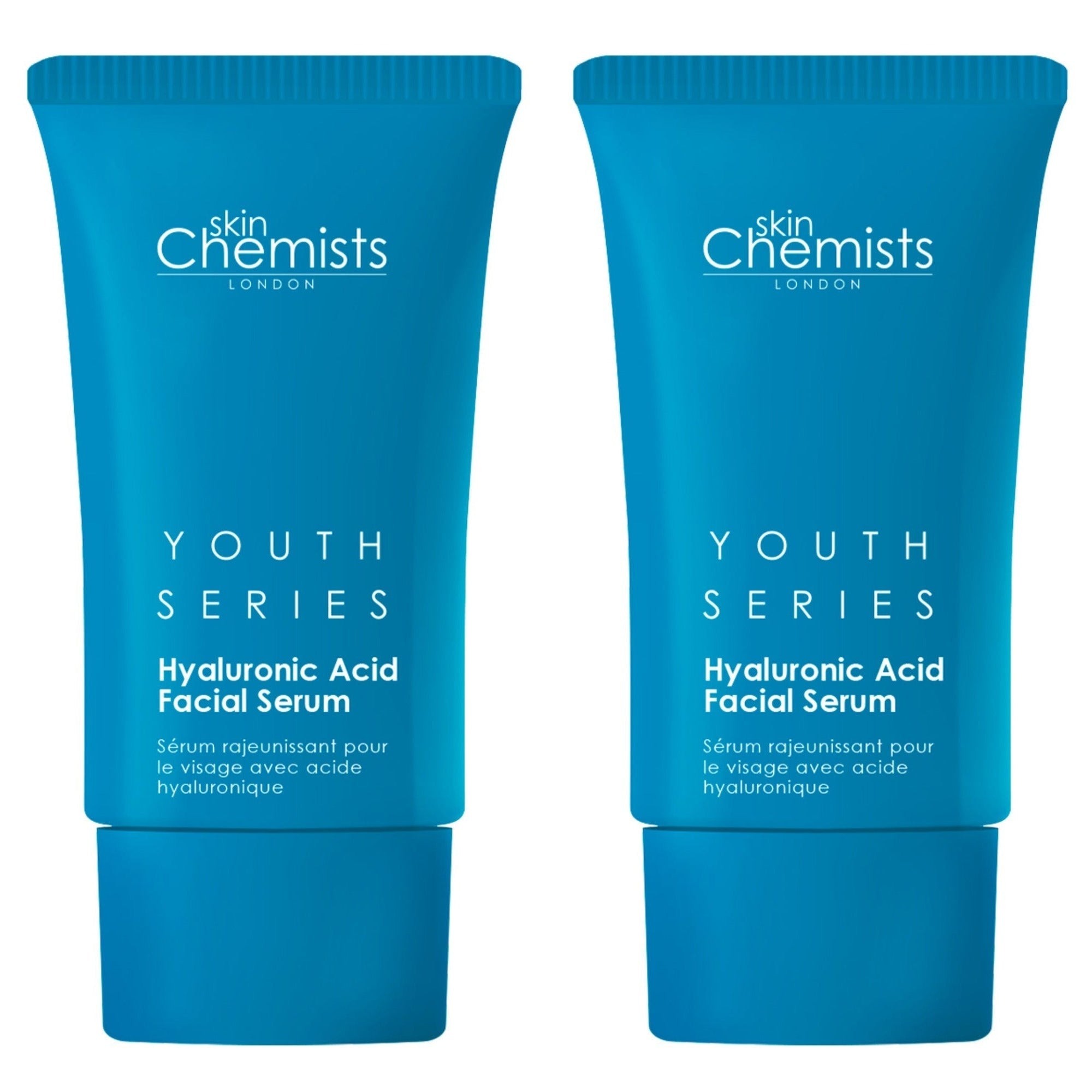Two turquoise tubes of Skinchemists Youth Series 1.5% Hyaluronic Acid Facial Serum, each 30ml, featuring white text and a sleek design, packaged in a duo pack.