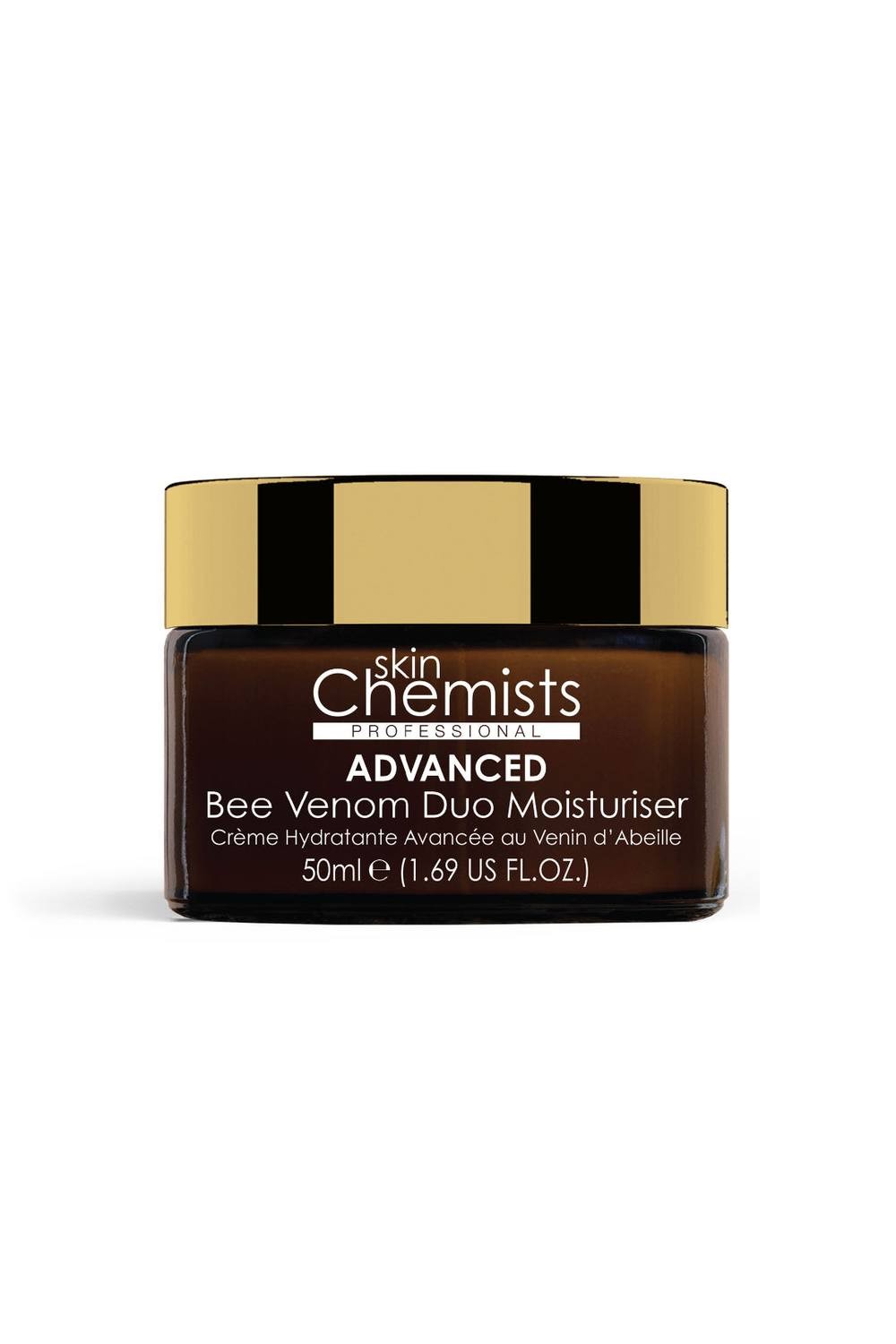 White jar with a gold lid labeled "SkinChemists Professional Pro-5 Collagen Bee Venom Duo Moisturiser," 50ml size, featuring a sleek design and dark brown base.