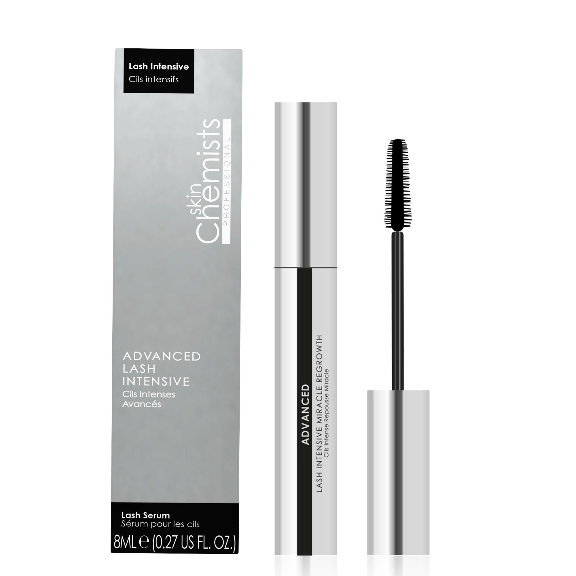 Silver and black tube of "Advanced Lash Intensive" serum by skinChemists, featuring a sleek design and a mascara-like applicator brush, labeled with product details.