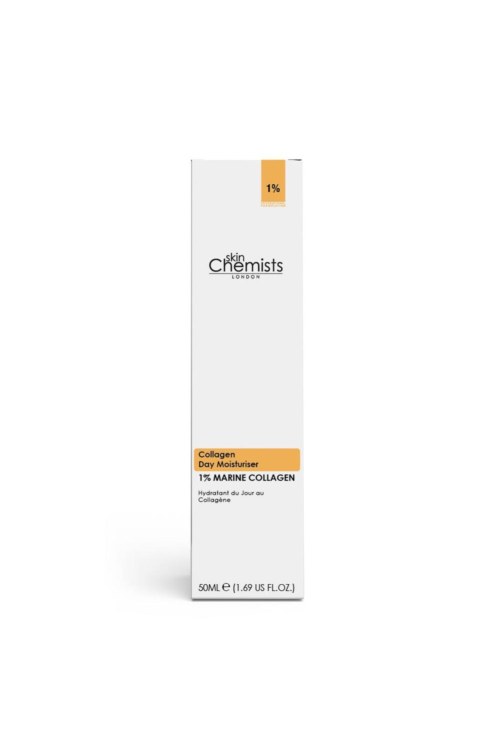 White box packaging for Skinchemists Collagen Day Moisturiser, featuring a yellow accent and text highlighting 1% marine collagen, with a 50ml volume indication.