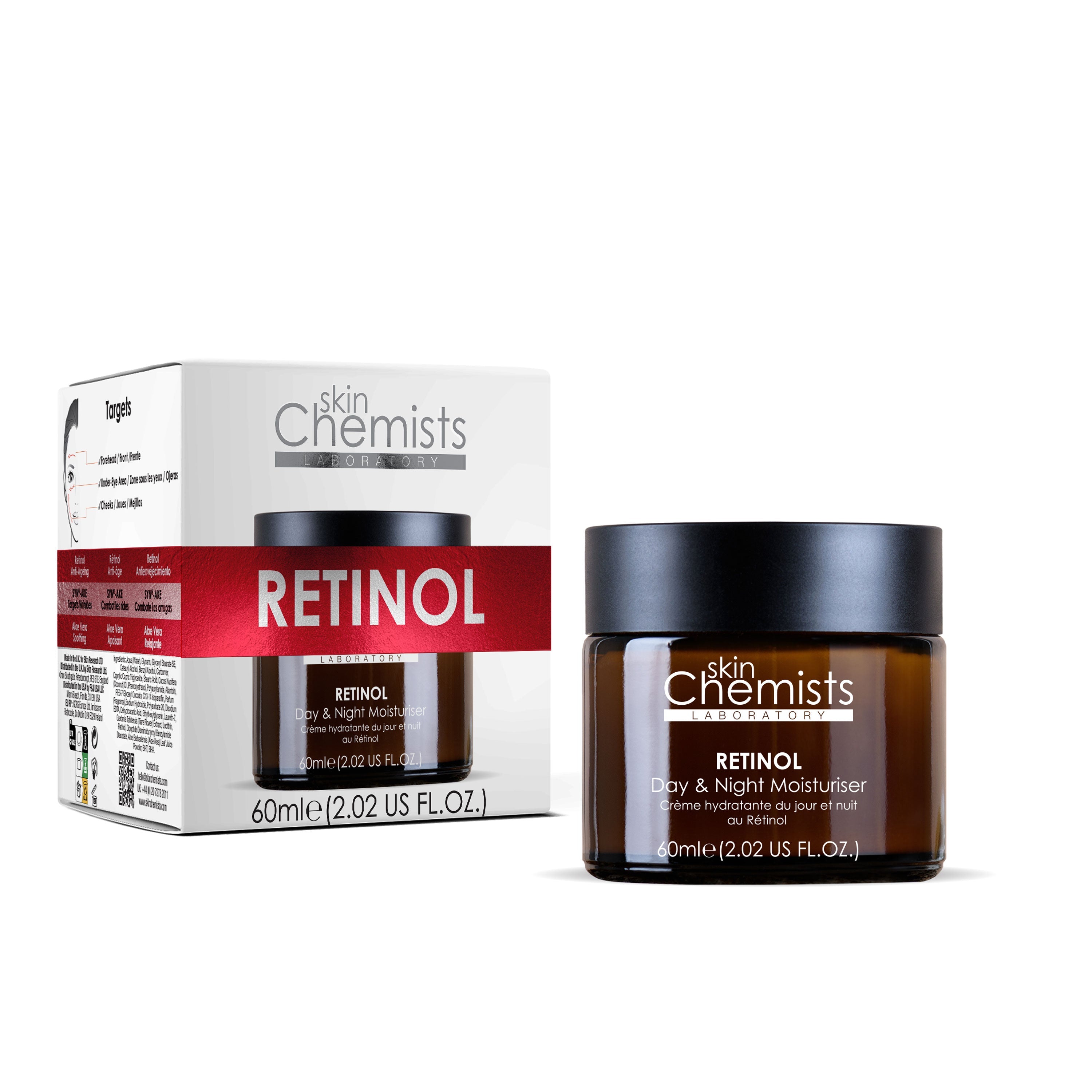 White box with red accents labeled "RETINOL" alongside a brown glass jar of SkinChemists Anti-Ageing Retinol Night Moisturizer, 60ml, featuring a sleek design.