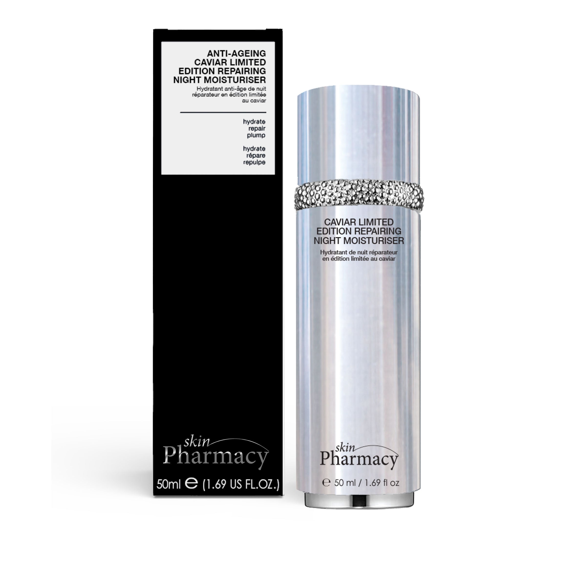 Silver cylindrical bottle with a textured band, featuring "Caviar Limited Edition Repairing Night Moisturiser" label, alongside a sleek black box with white text.
