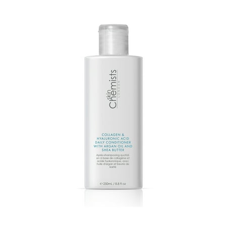 White plastic bottle of skinChemists Collagen & Hyaluronic Acid Daily Conditioner, featuring a sleek design, blue text, and a flip-top cap, containing 250ml of product.